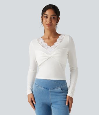 V‑Neck Lace Twisted Long Sleeve Casual Top