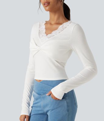 V‑Neck Lace Twisted Long Sleeve Casual Top