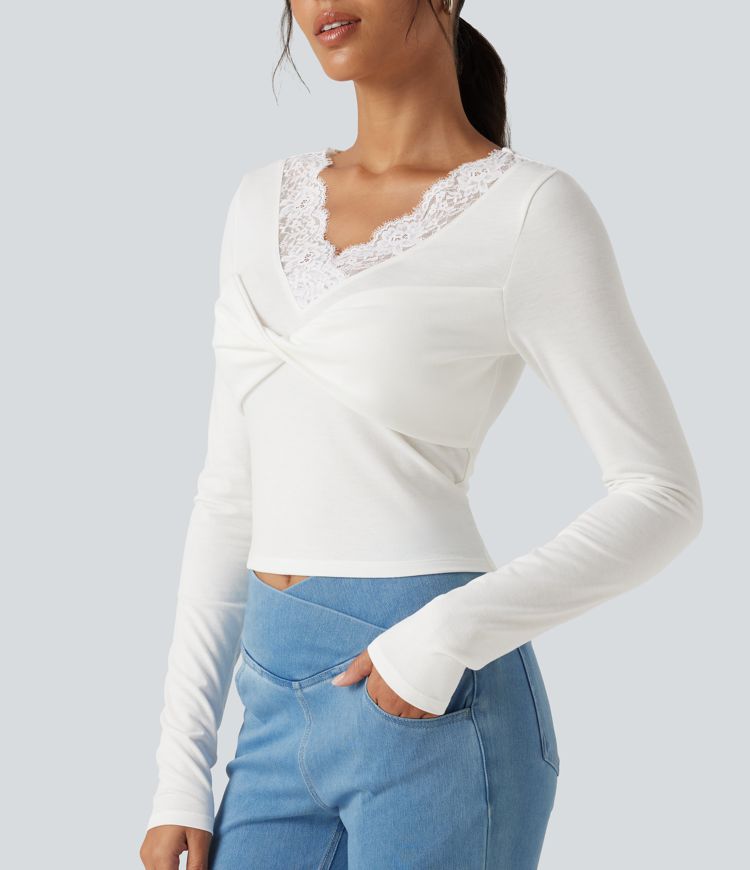 V‑Neck Lace Twisted Long Sleeve Casual Top