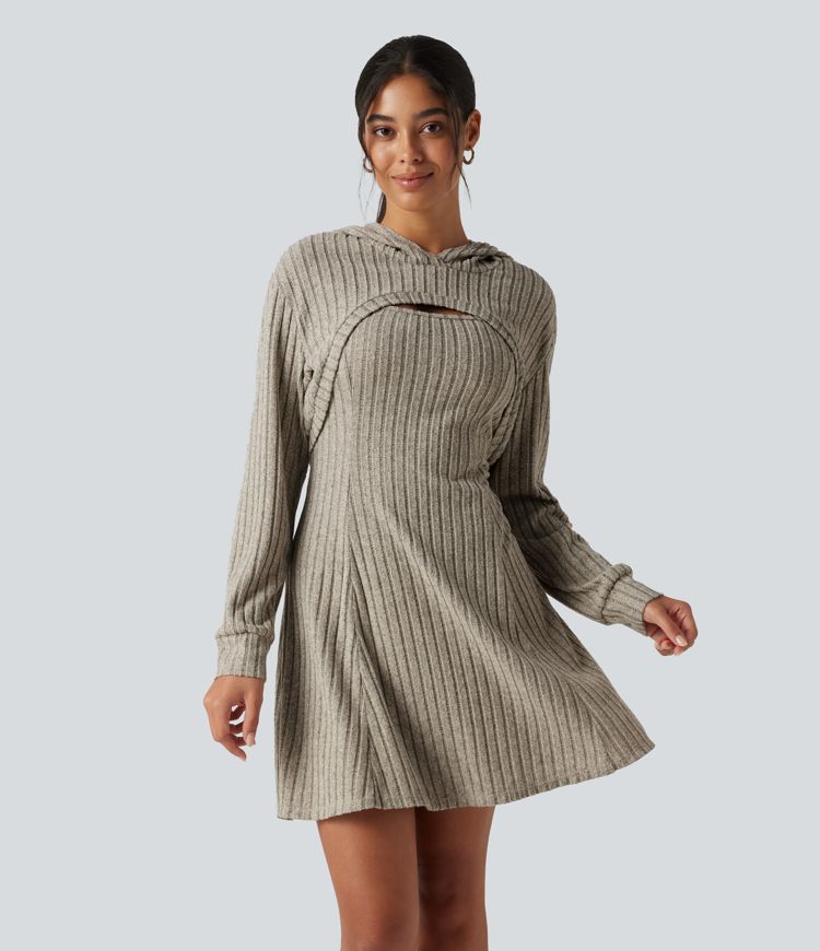 Ribbed Knit Hooded Long Sleeve 2-Piece Mini Casual Dress