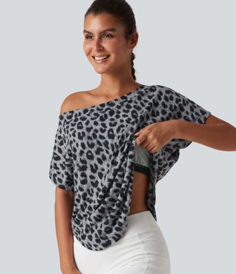 One Shoulder Short Sleeve Leopard Print Built-in Bra Curved Hem High Low Yoga Sports Top One Shoulder Short Sleeve Leopard Print Built-in Bra Curved Hem High Low Yoga Sports Top