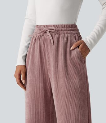 Lässige Hose aus Cord mit hohem Bund, Seitentaschen, Kordelzug und weitem Bein Lässige Hose aus Cord mit hohem Bund, Seitentaschen, Kordelzug und weitem Bein