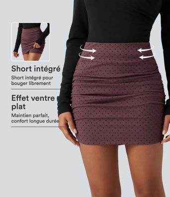 Jupe-short mini moulante taille haute gainante en velours à pois avec fronces et ourlet arrondi