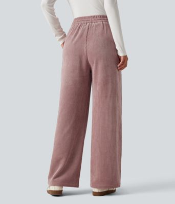 Lässige Hose aus Cord mit hohem Bund, Seitentaschen, Kordelzug und weitem Bein Lässige Hose aus Cord mit hohem Bund, Seitentaschen, Kordelzug und weitem Bein