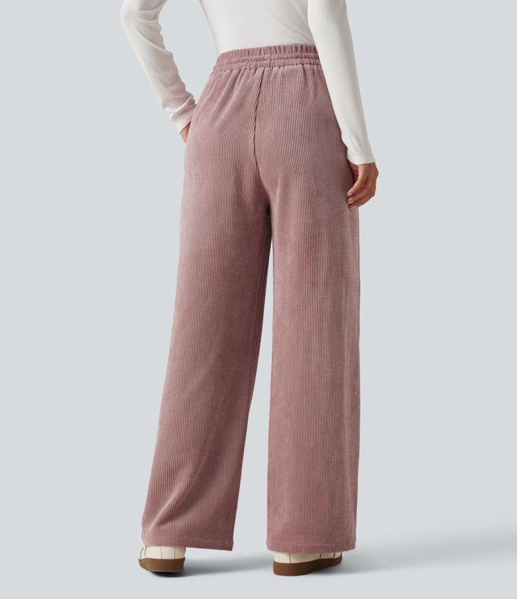 Lässige Hose aus Cord mit hohem Bund, Seitentaschen, Kordelzug und weitem Bein Lässige Hose aus Cord mit hohem Bund, Seitentaschen, Kordelzug und weitem Bein