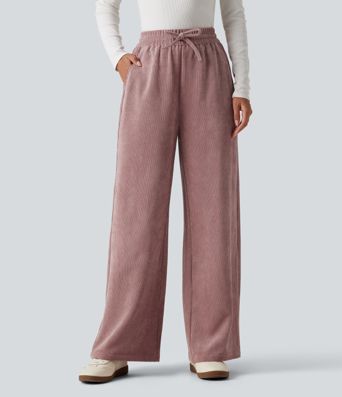 Lässige Hose aus Cord mit hohem Bund, Seitentaschen, Kordelzug und weitem Bein Lässige Hose aus Cord mit hohem Bund, Seitentaschen, Kordelzug und weitem Bein