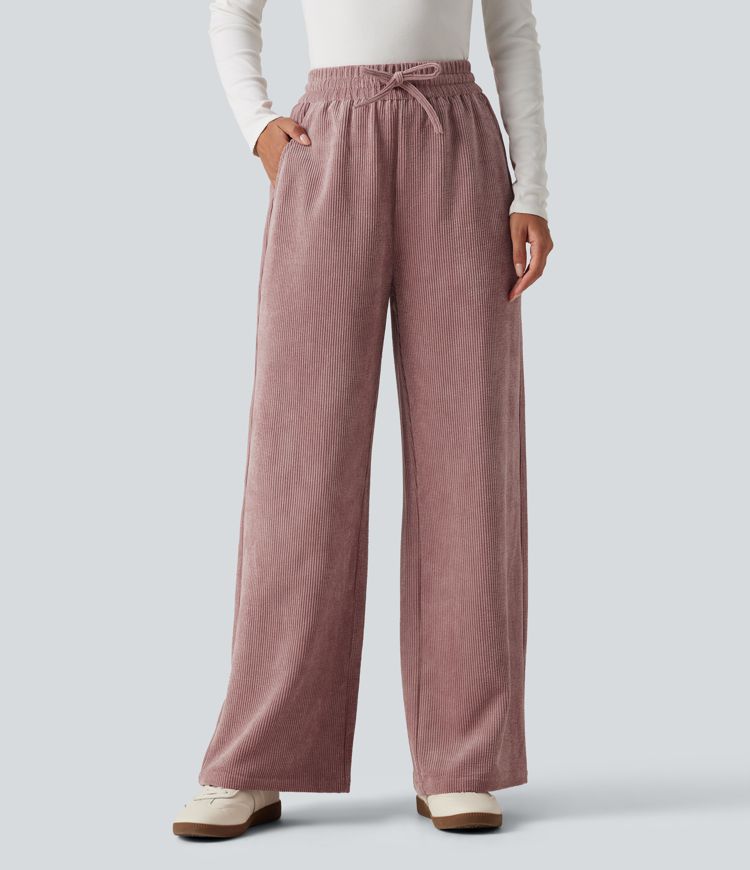 Lässige Hose aus Cord mit hohem Bund, Seitentaschen, Kordelzug und weitem Bein Lässige Hose aus Cord mit hohem Bund, Seitentaschen, Kordelzug und weitem Bein