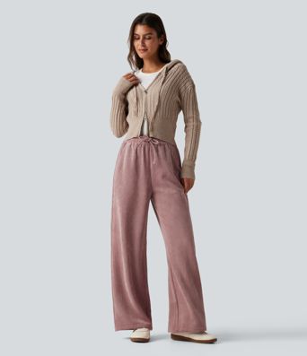 Lässige Hose aus Cord mit hohem Bund, Seitentaschen, Kordelzug und weitem Bein Lässige Hose aus Cord mit hohem Bund, Seitentaschen, Kordelzug und weitem Bein
