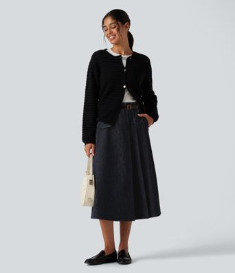 High Waisted A Line Midi Work Skirt with Pockets