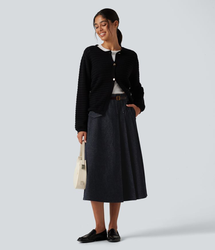 High Waisted A Line Midi Work Skirt with Pockets