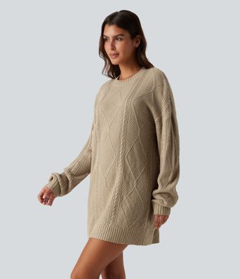 Round Neck Long Sleeve Cable Knit Mini Casual Sweater Dress Round Neck Long Sleeve Cable Knit Mini Casual Sweater Dress