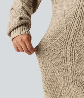 Round Neck Long Sleeve Cable Knit Mini Casual Sweater Dress Round Neck Long Sleeve Cable Knit Mini Casual Sweater Dress