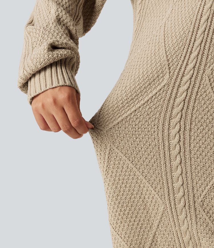 Round Neck Long Sleeve Cable Knit Mini Casual Sweater Dress Round Neck Long Sleeve Cable Knit Mini Casual Sweater Dress