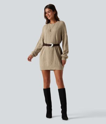 Round Neck Long Sleeve Cable Knit Mini Casual Sweater Dress Round Neck Long Sleeve Cable Knit Mini Casual Sweater Dress
