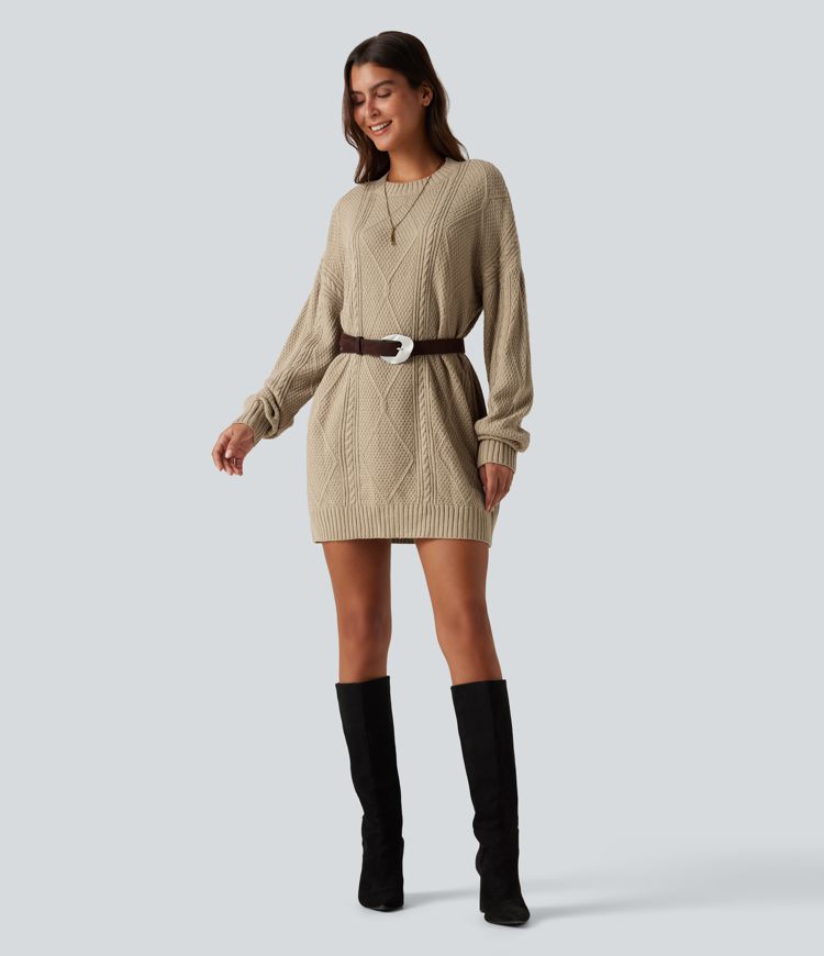 Round Neck Long Sleeve Cable Knit Mini Casual Sweater Dress Round Neck Long Sleeve Cable Knit Mini Casual Sweater Dress