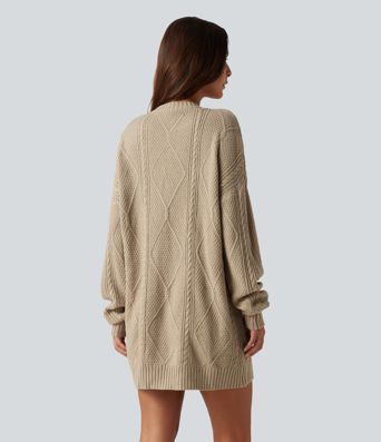 Round Neck Long Sleeve Cable Knit Mini Casual Sweater Dress Round Neck Long Sleeve Cable Knit Mini Casual Sweater Dress