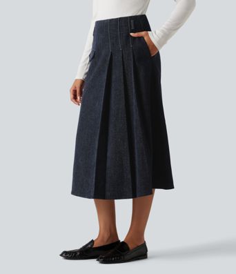 High Waisted A Line Midi Work Skirt with Pockets