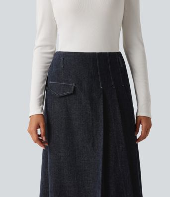 High Waisted A Line Midi Work Skirt with Pockets