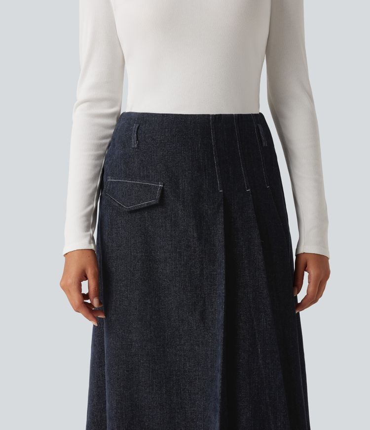 High Waisted A Line Midi Work Skirt with Pockets