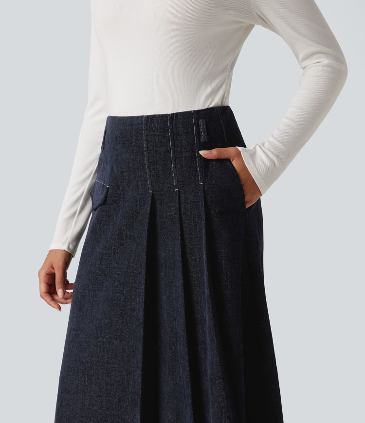 High Waisted A Line Midi Work Skirt with Pockets