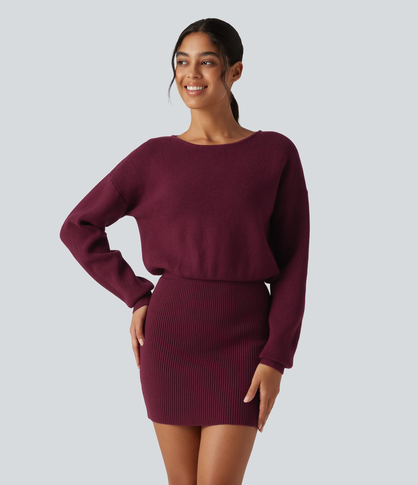 Boat Neck Long Sleeve T Type Bodycon Mini Casual Sweater Dress Boat Neck Long Sleeve T Type Bodycon Mini Casual Sweater Dress