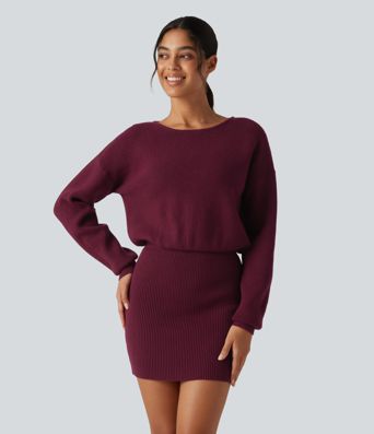 Boat Neck Long Sleeve T Type Bodycon Mini Casual Sweater Dress Boat Neck Long Sleeve T Type Bodycon Mini Casual Sweater Dress