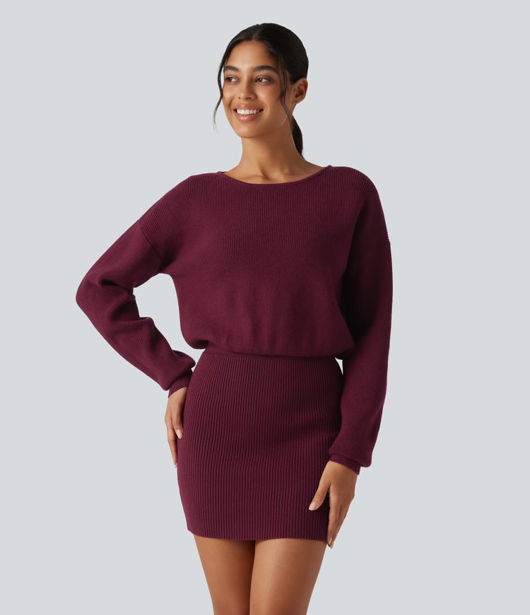 Boat Neck Long Sleeve T Type Bodycon Mini Casual Sweater Dress Boat Neck Long Sleeve T Type Bodycon Mini Casual Sweater Dress