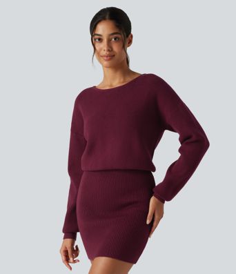 Boat Neck Long Sleeve T Type Bodycon Mini Casual Sweater Dress Boat Neck Long Sleeve T Type Bodycon Mini Casual Sweater Dress