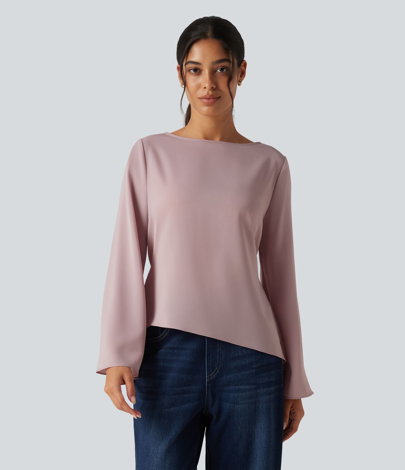 Boat Neck Flounce Long Sleeve Tie Back Asymmetric Hem Casual Blouse Boat Neck Flounce Long Sleeve Tie Back Asymmetric Hem Casual Blouse