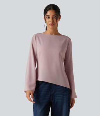 Boat Neck Flounce Long Sleeve Tie Back Asymmetric Hem Casual Blouse Boat Neck Flounce Long Sleeve Tie Back Asymmetric Hem Casual Blouse