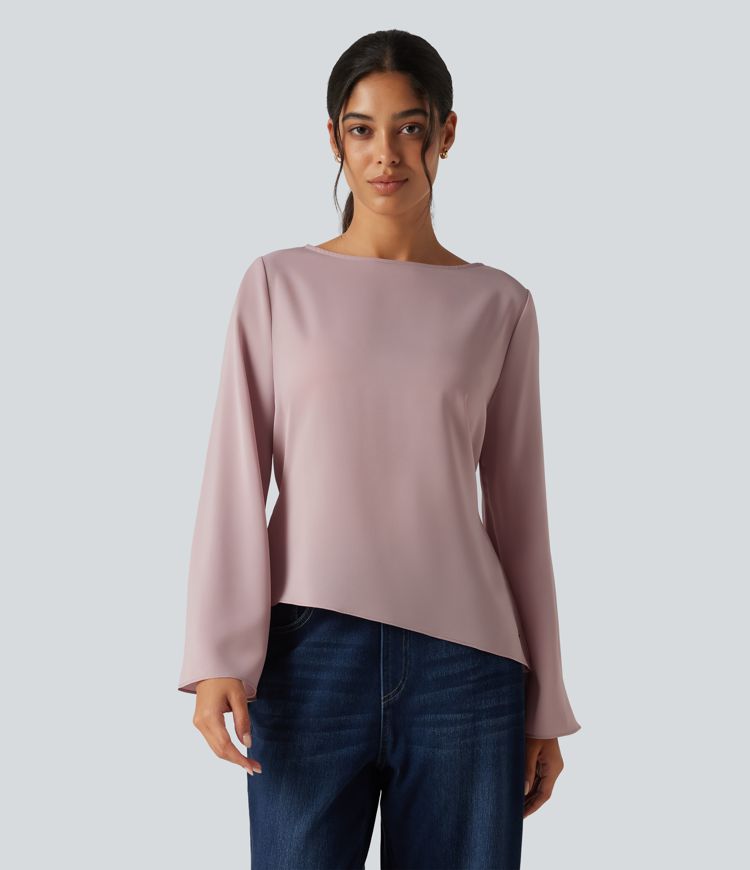 Boat Neck Flounce Long Sleeve Tie Back Asymmetric Hem Casual Blouse Boat Neck Flounce Long Sleeve Tie Back Asymmetric Hem Casual Blouse