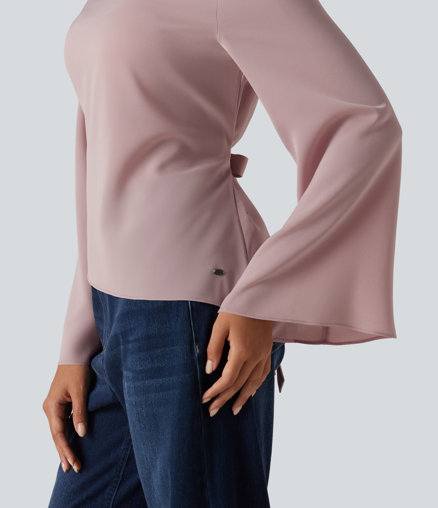 Boat Neck Flounce Long Sleeve Tie Back Asymmetric Hem Casual Blouse Boat Neck Flounce Long Sleeve Tie Back Asymmetric Hem Casual Blouse