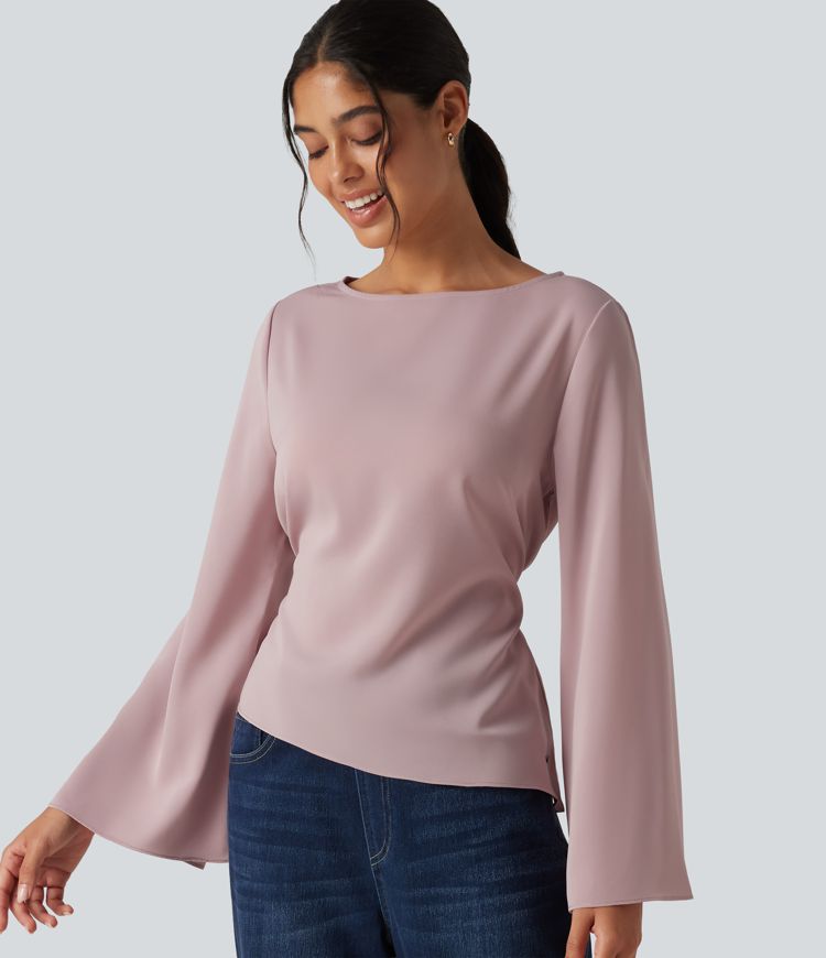 Boat Neck Flounce Long Sleeve Tie Back Asymmetric Hem Casual Blouse Boat Neck Flounce Long Sleeve Tie Back Asymmetric Hem Casual Blouse