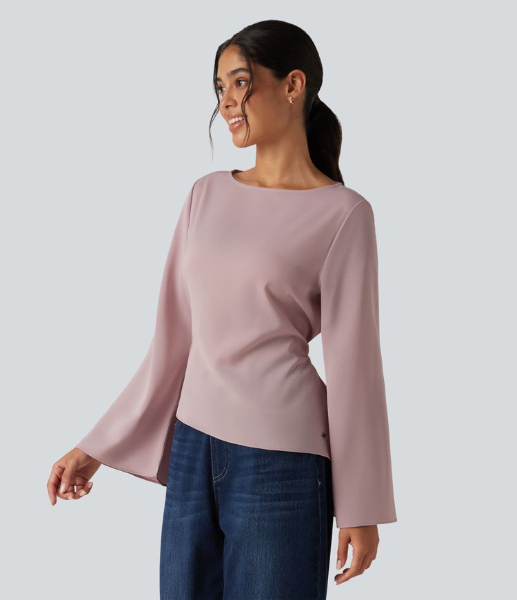 Boat Neck Flounce Long Sleeve Tie Back Asymmetric Hem Casual Blouse Boat Neck Flounce Long Sleeve Tie Back Asymmetric Hem Casual Blouse