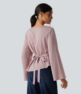 Boat Neck Flounce Long Sleeve Tie Back Asymmetric Hem Casual Blouse Boat Neck Flounce Long Sleeve Tie Back Asymmetric Hem Casual Blouse
