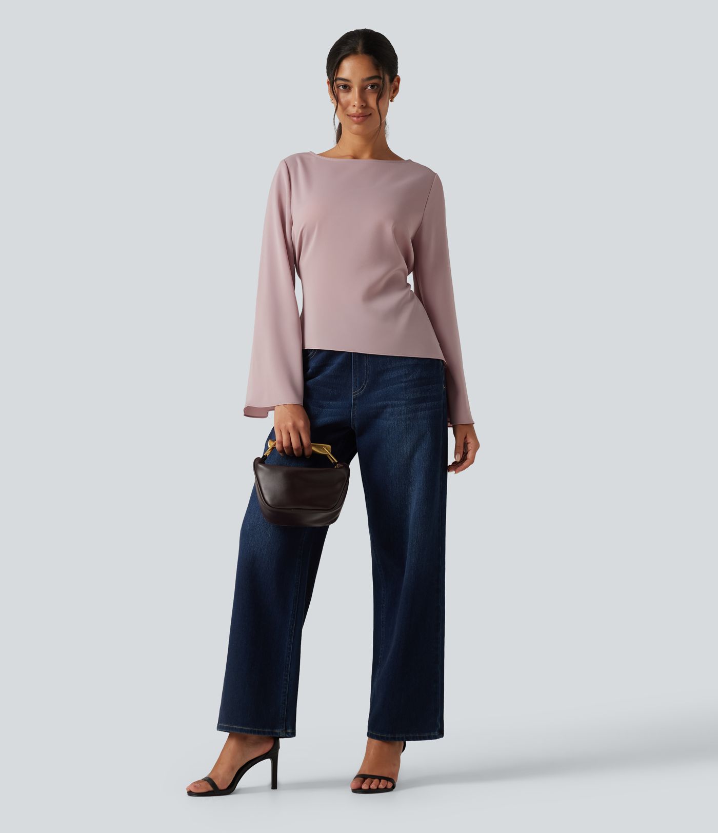 Boat Neck Flounce Long Sleeve Tie Back Asymmetric Hem Casual Blouse Boat Neck Flounce Long Sleeve Tie Back Asymmetric Hem Casual Blouse