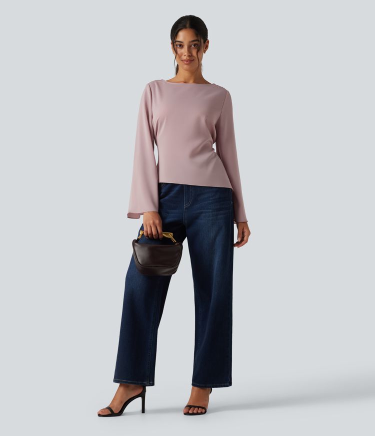 Boat Neck Flounce Long Sleeve Tie Back Asymmetric Hem Casual Blouse Boat Neck Flounce Long Sleeve Tie Back Asymmetric Hem Casual Blouse