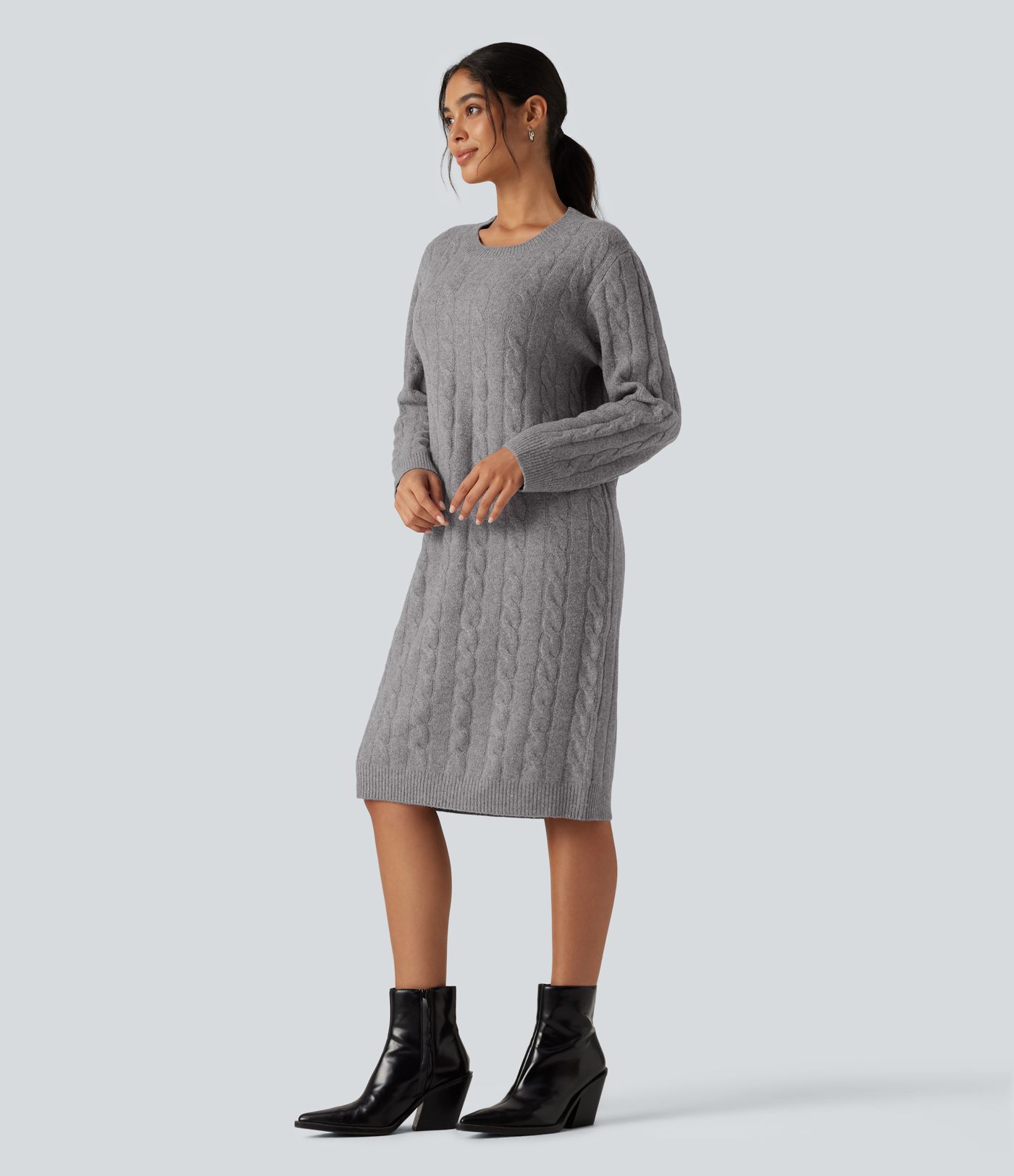Round Neck Long Sleeve Midi Work Dress