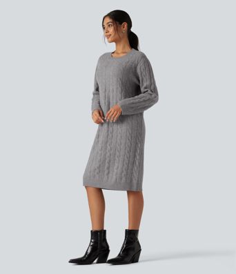 Round Neck Long Sleeve Midi Work Dress