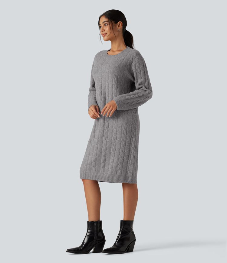Round Neck Long Sleeve Midi Work Dress