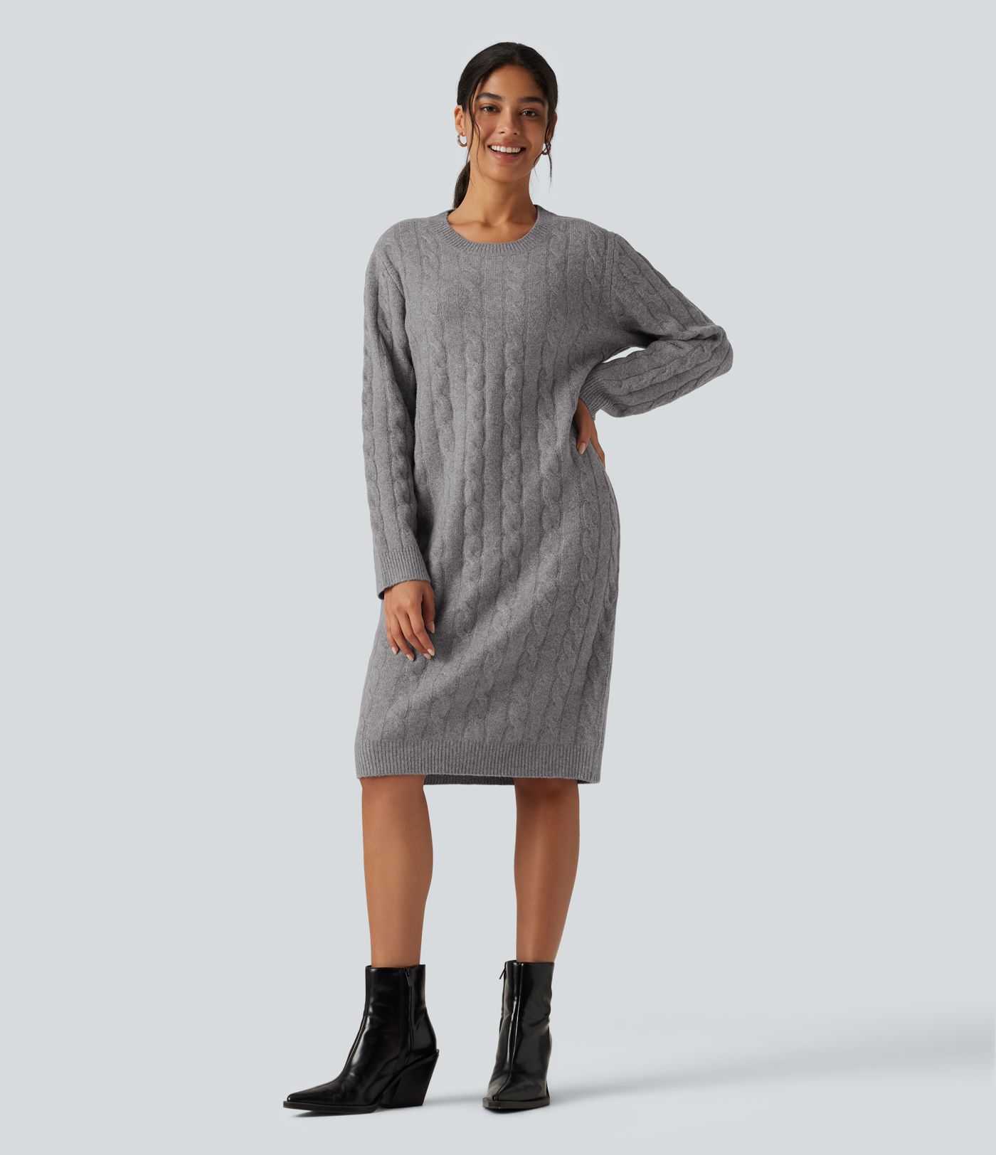 Round Neck Long Sleeve Midi Work Dress