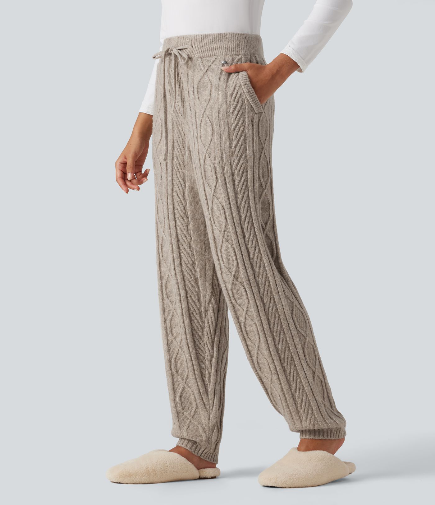 High Waisted Drawstring Cable Knit Lounging Sweater Pants with Pockets