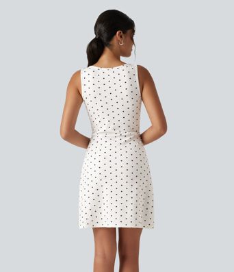 Boat Neck Sleeveless Ruched Polka Dot Casual Mini Dress Boat Neck Sleeveless Ruched Polka Dot Casual Mini Dress