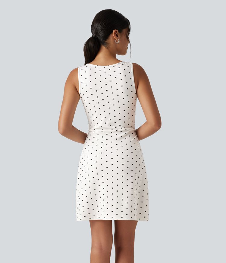Boat Neck Sleeveless Ruched Polka Dot Casual Mini Dress Boat Neck Sleeveless Ruched Polka Dot Casual Mini Dress