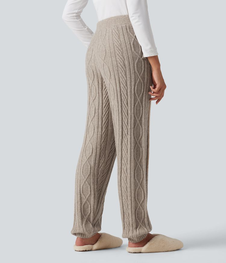 High Waisted Drawstring Cable Knit Lounging Sweater Pants with Pockets