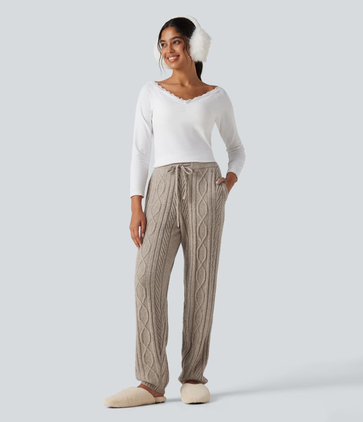 High Waisted Drawstring Cable Knit Lounging Sweater Pants with Pockets
