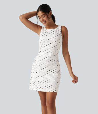 Boat Neck Sleeveless Ruched Polka Dot Casual Mini Dress Boat Neck Sleeveless Ruched Polka Dot Casual Mini Dress