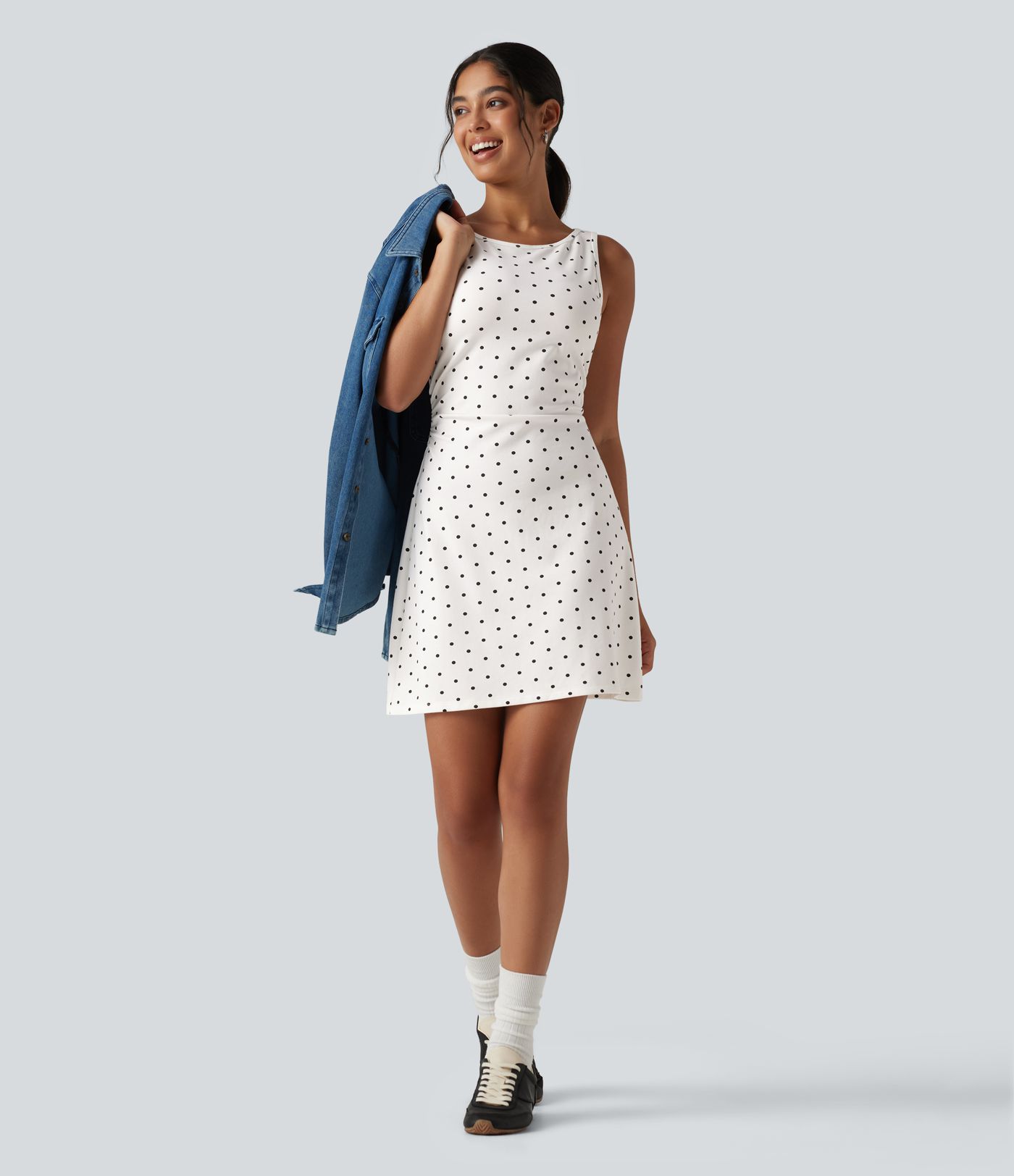 Boat Neck Sleeveless Ruched Polka Dot Casual Mini Dress Boat Neck Sleeveless Ruched Polka Dot Casual Mini Dress