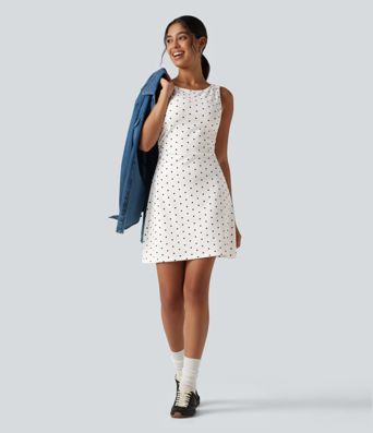 Boat Neck Sleeveless Ruched Polka Dot Casual Mini Dress Boat Neck Sleeveless Ruched Polka Dot Casual Mini Dress