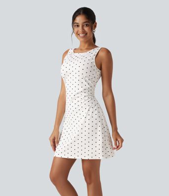 Boat Neck Sleeveless Ruched Polka Dot Casual Mini Dress Boat Neck Sleeveless Ruched Polka Dot Casual Mini Dress